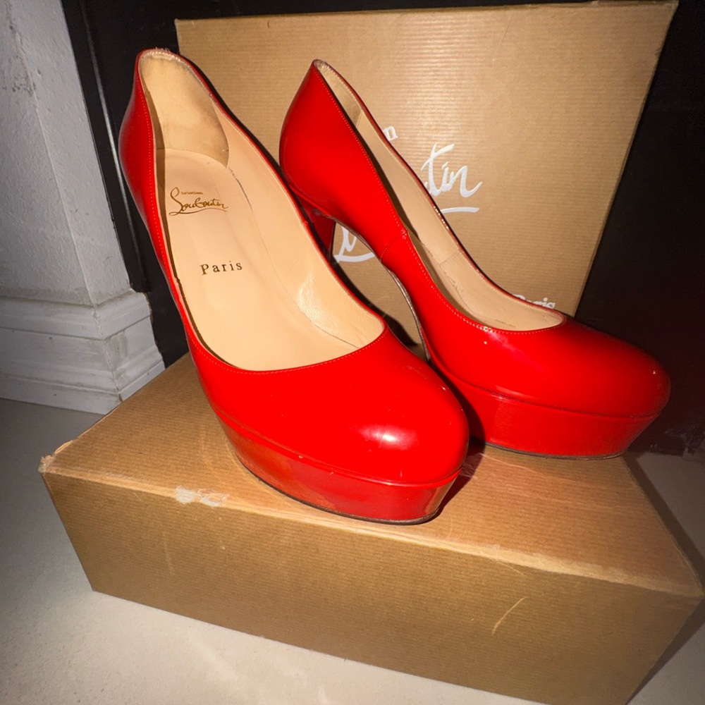 Christian Louboutin Red Patent Platform Pumps Heels Red Bottoms w/ Box